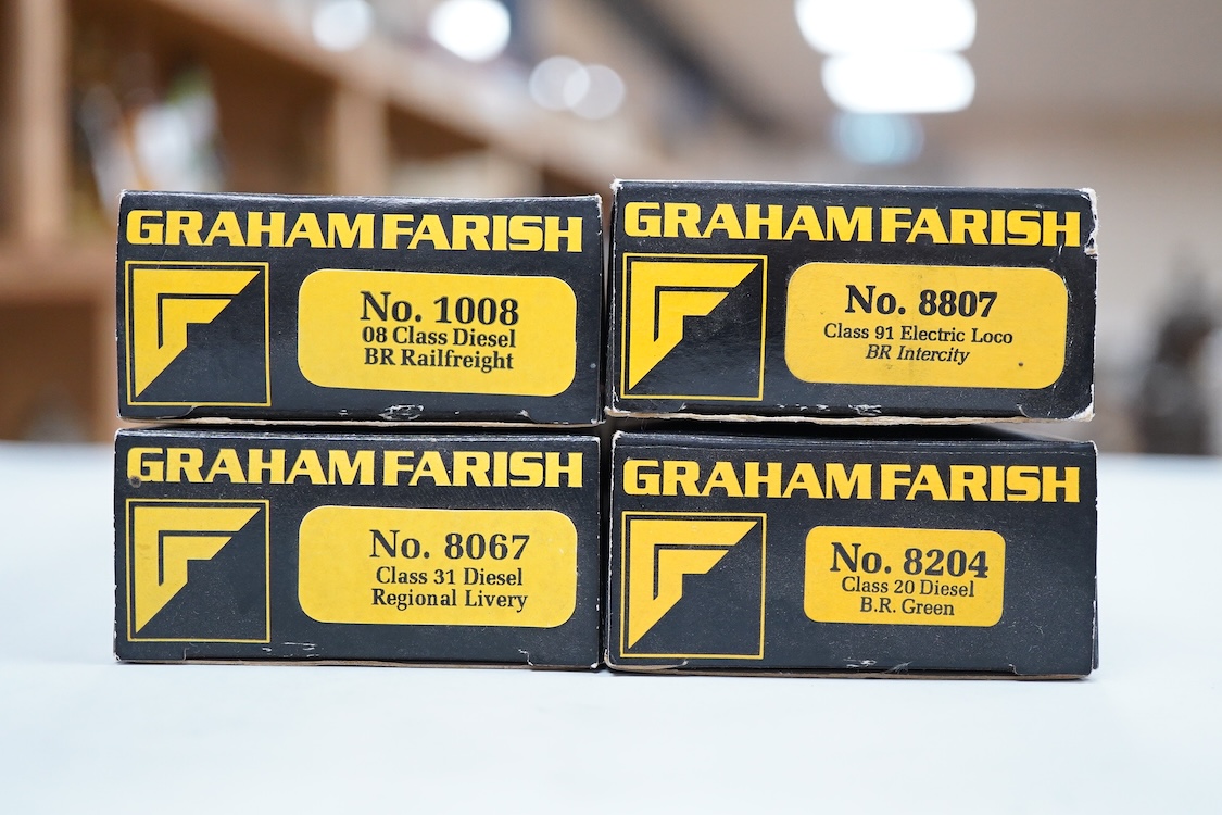 Four boxed Graham Farish N gauge railway diesel and electric locomotives; a BR class 20, D8144 (8204), a Regional Railways class 31, Wigan Pier 31421 (8067), a BR class 08, 08 834, (1002) and an Intercity class 91, 91005